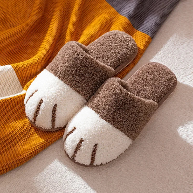 Winter Warm Plush Slippers Cute Cat Paw Designer House Women Fur Slippers Floor Mute Bedroom Lovers Indoor Fluffy Shoes2024