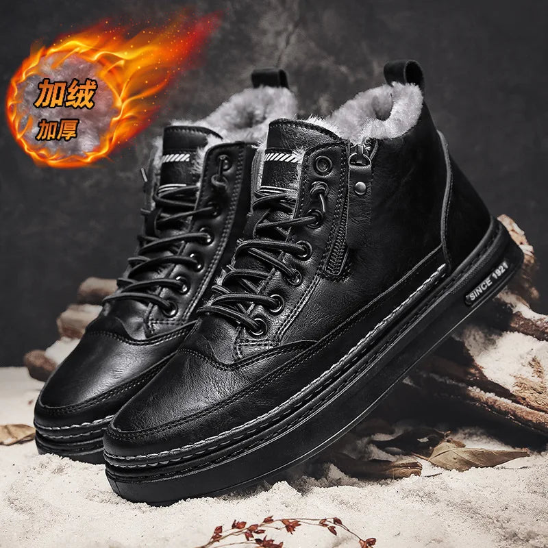 Leather Men's Boots 2023 Winter Platform Warm Fur Ankle Short Lace Up Fashion Novelty Concise Casual Work Shoes Botas 2023