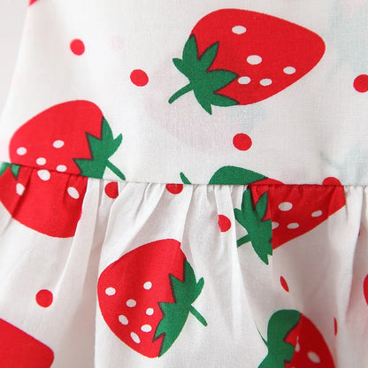 Baby Dress 2024 Summer New Girl's Sweet Bow Dress Children's Strawberry Print Small Fresh Casual Dress+Hat Children's Wear