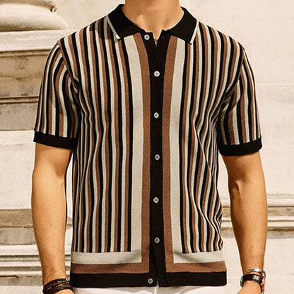 Men's Fashion Luxury Leisure Knit Polo Shirt Striped Button-down Short Sleeve Cardigan Casual Business Knitwear 2025 New Summer