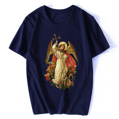 Saint Michael Destroy The Devil Catholic Christian T Shirt Men's Cotton Short Sleeve T-shirt Hip Hop Tee Top Harajuku Streetwear