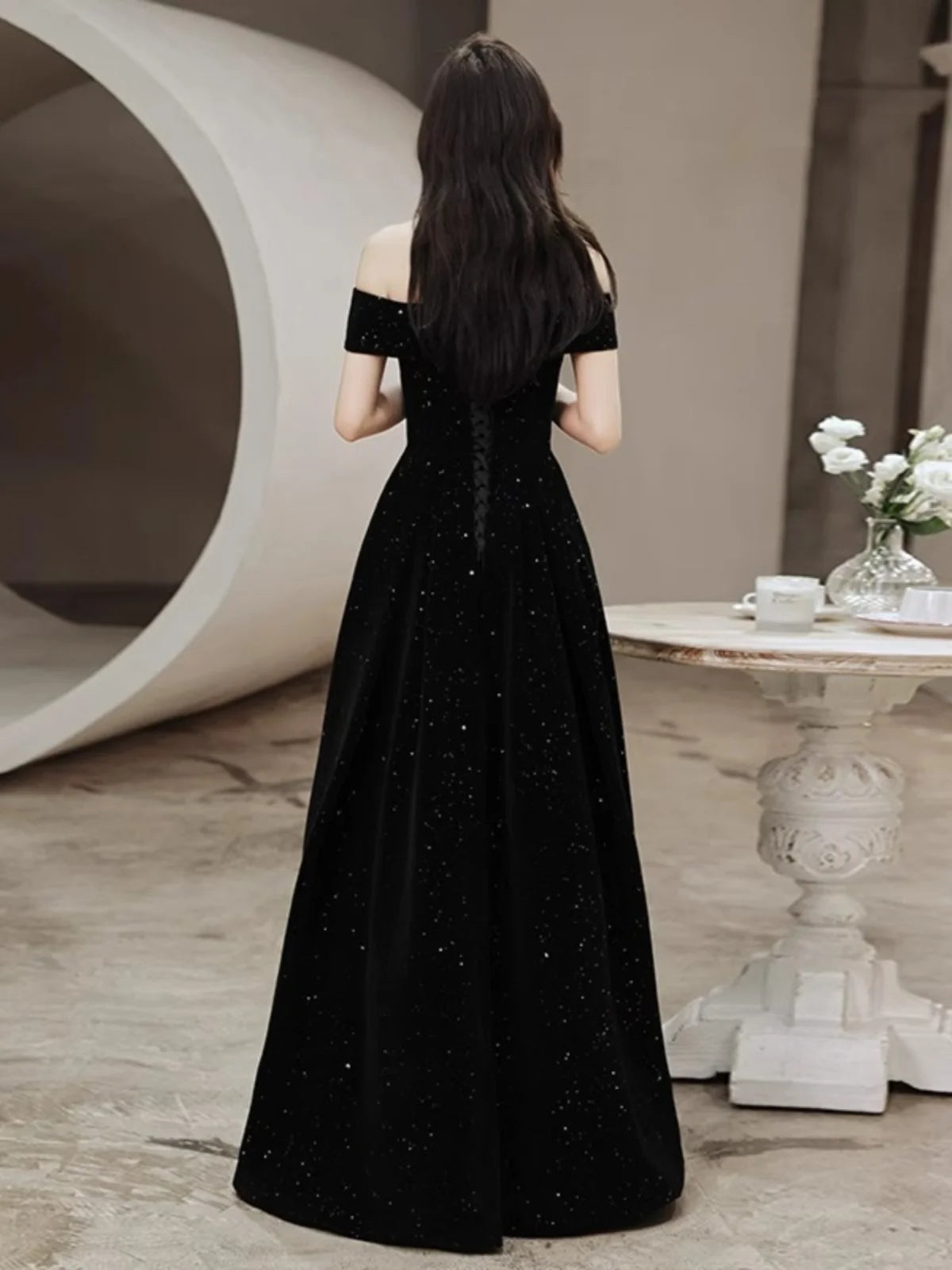 2024 New Arrival Starry Sky Velvet off-Shoulder Black Host Evening Dress Dress Banquet Temperament Winter Long